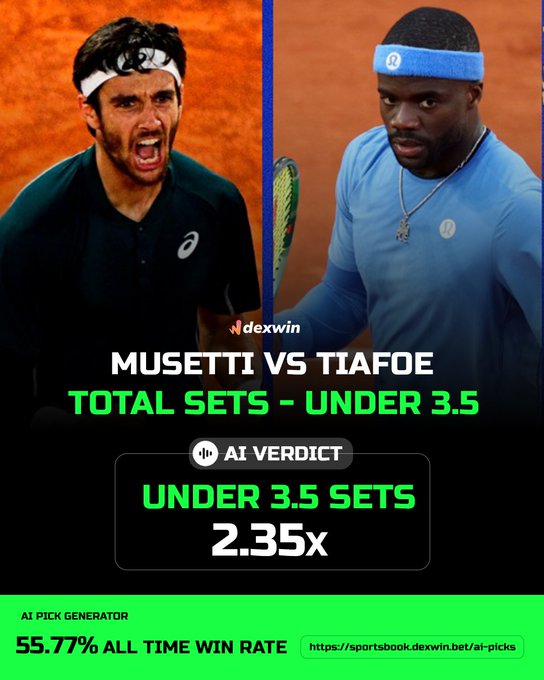 Roland Garros French Open Tennis Predictions, Betting Lines & Odds - June 3,2025

✅ LORENZO MUSETTI vs FRANCES TIAFOE - UNDER 3.5 SETS ✅ 

Follow @DexWin_Sports for the best Tennis betting odds, Tennis betting picks and Roland Garros Tennis predictions daily 🎾