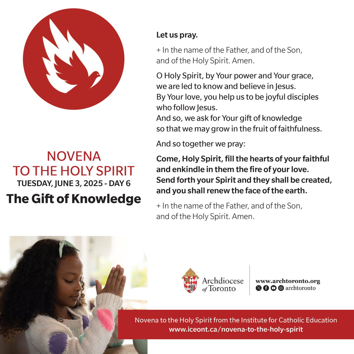 Day 6 of the Novena to the Holy Spirit:

Come, Holy Spirit, fill the hearts of your faithful
and enkindle in them the fire of your love.
Send forth your Spirit and they shall be created,
and you shall renew the face of the earth.

Reflection: iceont.ca/novena-to-the-… <a href="/ICEontario/">ICE</a>