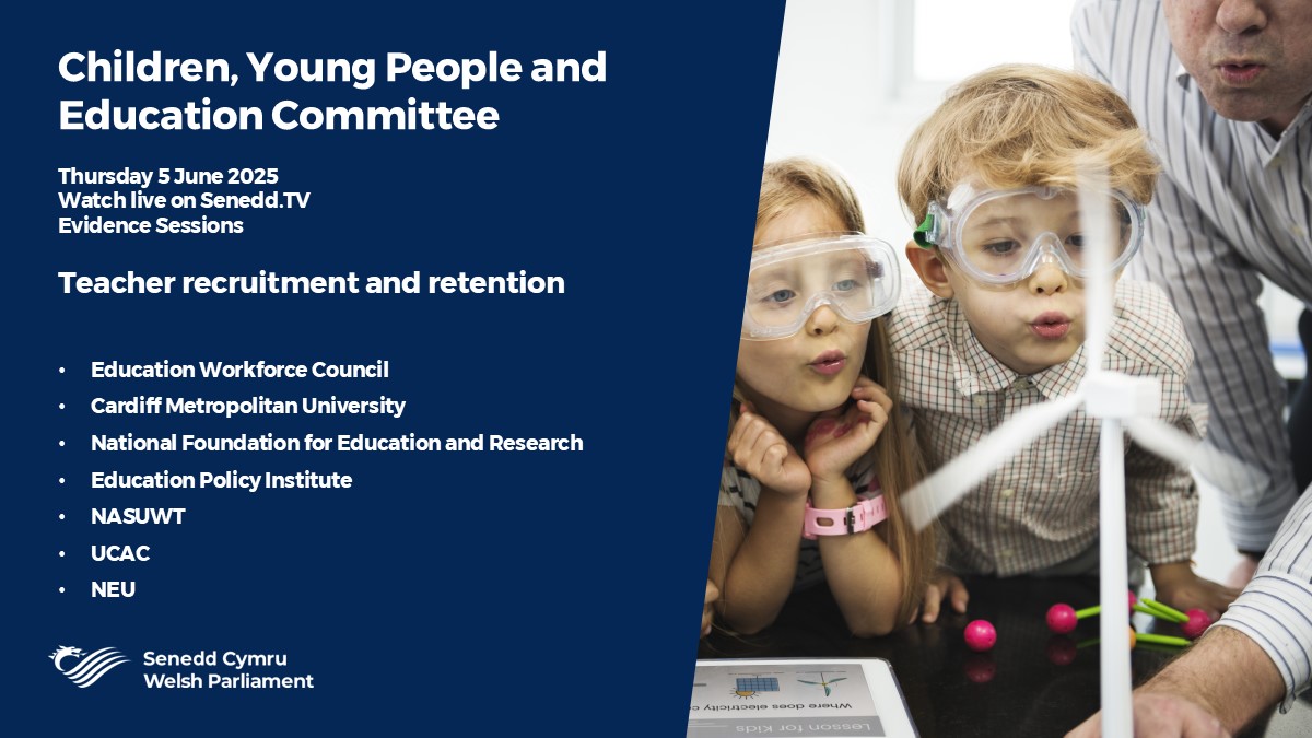 Children, Young People and Education Committee (@seneddchildren) on Twitter photo This week we start hearing evidence from stakeholder for our inquiry into teacher recruitment and retention.
Here is the line up <a href="/ewc_cga/">EWC / CGA</a>, <a href="/cardiffmet/">Cardiff Metropolitan University</a>, <a href="/TheNFER/">National Foundation for Educational Research</a>, <a href="/EduPolicyInst/">Education Policy Institute</a>, <a href="/NASUWTCymru/">NASUWT Cymru</a>, <a href="/AthrawonCymru/">UCAC</a> and <a href="/NEUnion/">National Education Union</a>
Agenda and Papers: business.senedd.wales/ieListDocument… This week we start hearing evidence from stakeholder for our inquiry into teacher recruitment and retention.
Here is the line up <a href="/ewc_cga/">EWC / CGA</a>, <a href="/cardiffmet/">Cardiff Metropolitan University</a>, <a href="/TheNFER/">National Foundation for Educational Research</a>, <a href="/EduPolicyInst/">Education Policy Institute</a>, <a href="/NASUWTCymru/">NASUWT Cymru</a>, <a href="/AthrawonCymru/">UCAC</a> and <a href="/NEUnion/">National Education Union</a>
Agenda and Papers: business.senedd.wales/ieListDocument…