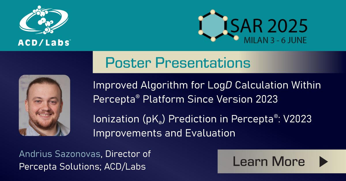 Today is the first day of #QSAR2025! Join ACD/Labs in Milan, June 3–5. Andrius Sazonovas will present a poster on Percepta’s improved #LogD algorithm and ACD/pKa advancements. Learn more: buff.ly/4WRptDB #Percepta