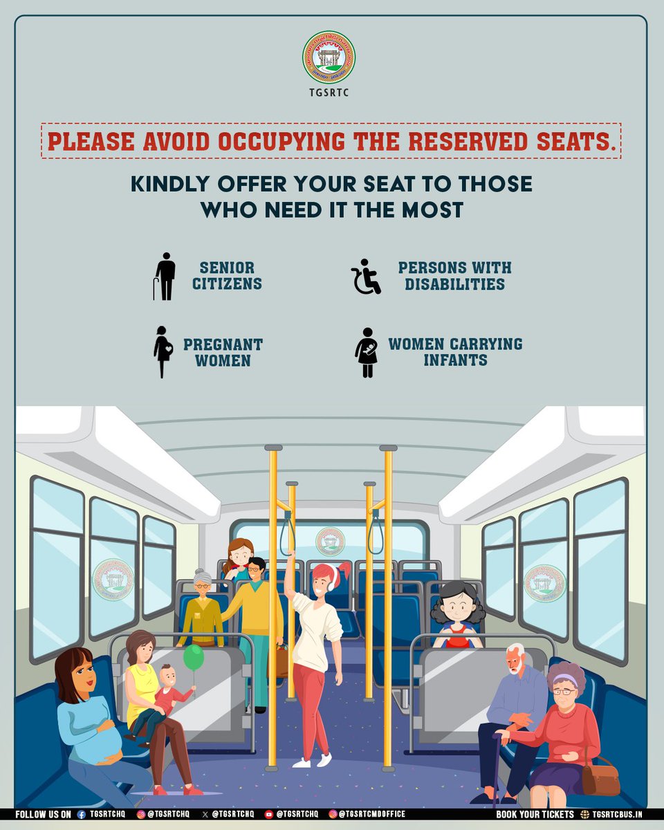 TGSRTC (@tgsrtchq) on Twitter photo A small gesture can make a big difference.
Please avoid occupying reserved seats and kindly offer your seat to those who need it the most.
<a href="/revanth_anumula/">Revanth Reddy</a> <a href="/Ponnam_INC/">Ponnam Prabhakar</a> <a href="/TelanganaCMO/">Telangana CMO</a> <a href="/SajjanarVC/">V.C. Sajjanar, IPS</a>
#TGSRTC #Telangana #Hyderabad #TakingTelanganaForward A small gesture can make a big difference.
Please avoid occupying reserved seats and kindly offer your seat to those who need it the most.
<a href="/revanth_anumula/">Revanth Reddy</a> <a href="/Ponnam_INC/">Ponnam Prabhakar</a> <a href="/TelanganaCMO/">Telangana CMO</a> <a href="/SajjanarVC/">V.C. Sajjanar, IPS</a>
#TGSRTC #Telangana #Hyderabad #TakingTelanganaForward