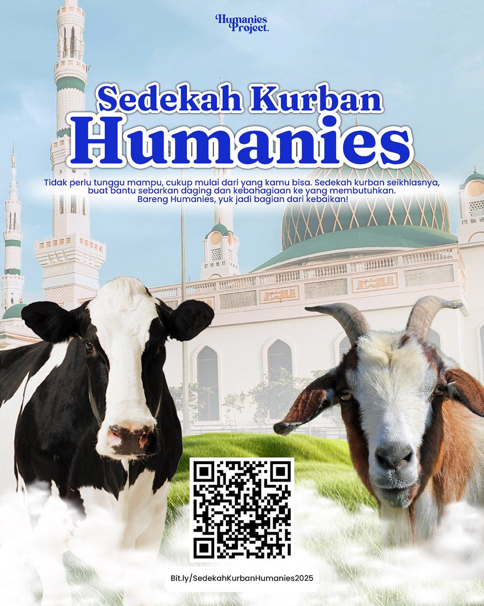Halo semuanya!✨ 
Buat kamu yang masih belum bisa membeli hewan kurban, kamu bisa loh untuk ikut sedekah kurban bareng Humanies! Dengan sedekah kurban seikhlasnya, kamu bisa bantu sebarkan daging dan kebahagiaan untuk mereka yang membutuhkan. Bareng Humanies, yuk jadi bagian dari