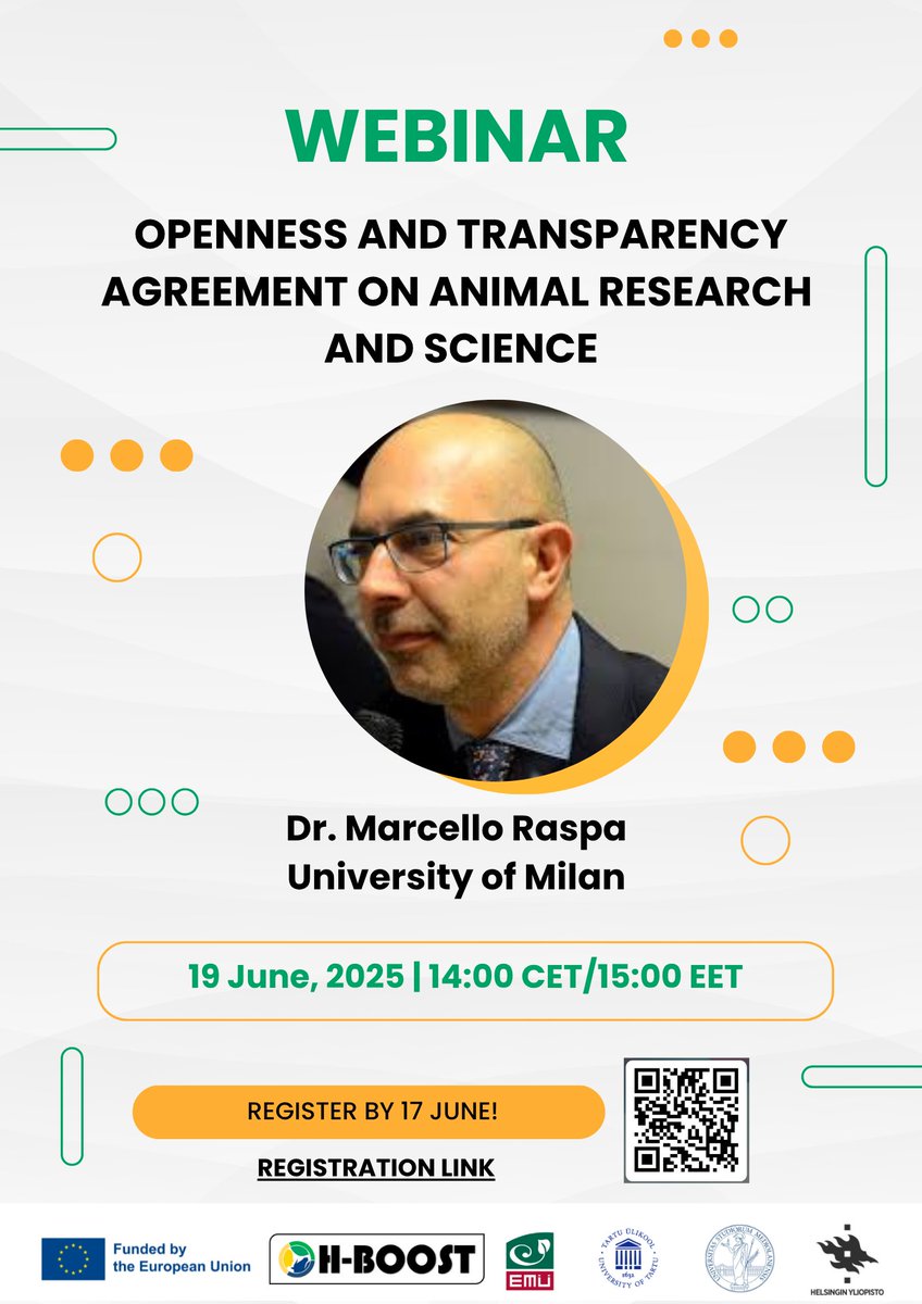 Join our webinar:
 "Openness and Transparency in Animal Research &amp; Science"
🗓 19 June 2025 | 🕒 14:00 CET
🎙 Dr. Marcello Raspa, Univ. of Milan
📍 Zoom (for registered participants)
🔗 Register via link in bio
🌐 More: oh-boost.eu
#OHBoost #AnimalResearch