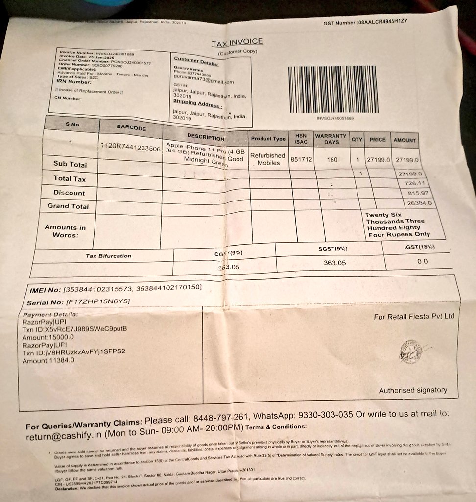 guruvarma73's tweet image. bought a refurbished iPhone 11 Pro from @CashifyIndia.
Within 15 days, display started failing.

Gave it for repair twice, issue never got fixed.
Now the phone is completely dead — still under warranty — and they want me to pay for repairs.

#CashifyScam #ConsumerRights