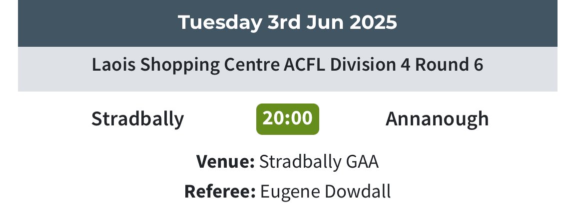 Annanough GAA (@annanoughgaa) on Twitter photo Laois ACFL Div 4 Rd. 6
<a href="/Stradbally_GAA/">Stradbally GAA Club</a> 🆚 <a href="/AnnanoughGAA/">Annanough GAA</a>
📍Stradbally GAA
📆 Tuesday 3rd June 2025
⏱ 20.00hrs. Please support Laois ACFL Div 4 Rd. 6
<a href="/Stradbally_GAA/">Stradbally GAA Club</a> 🆚 <a href="/AnnanoughGAA/">Annanough GAA</a>
📍Stradbally GAA
📆 Tuesday 3rd June 2025
⏱ 20.00hrs. Please support