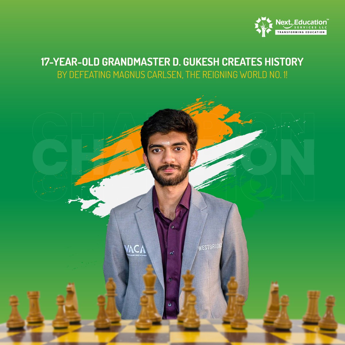 NextEducationAE's tweet image. 17-year-old Indian chess prodigy D. Gukesh stuns the world by defeating World No. 1 Magnus Carlsen! A historic win showcasing brilliance and calm under pressure — a proud moment for India and a new era in global chess! ♟️🇮🇳
#Gukesh #IndianPride #NextGenChamp #NextEducation