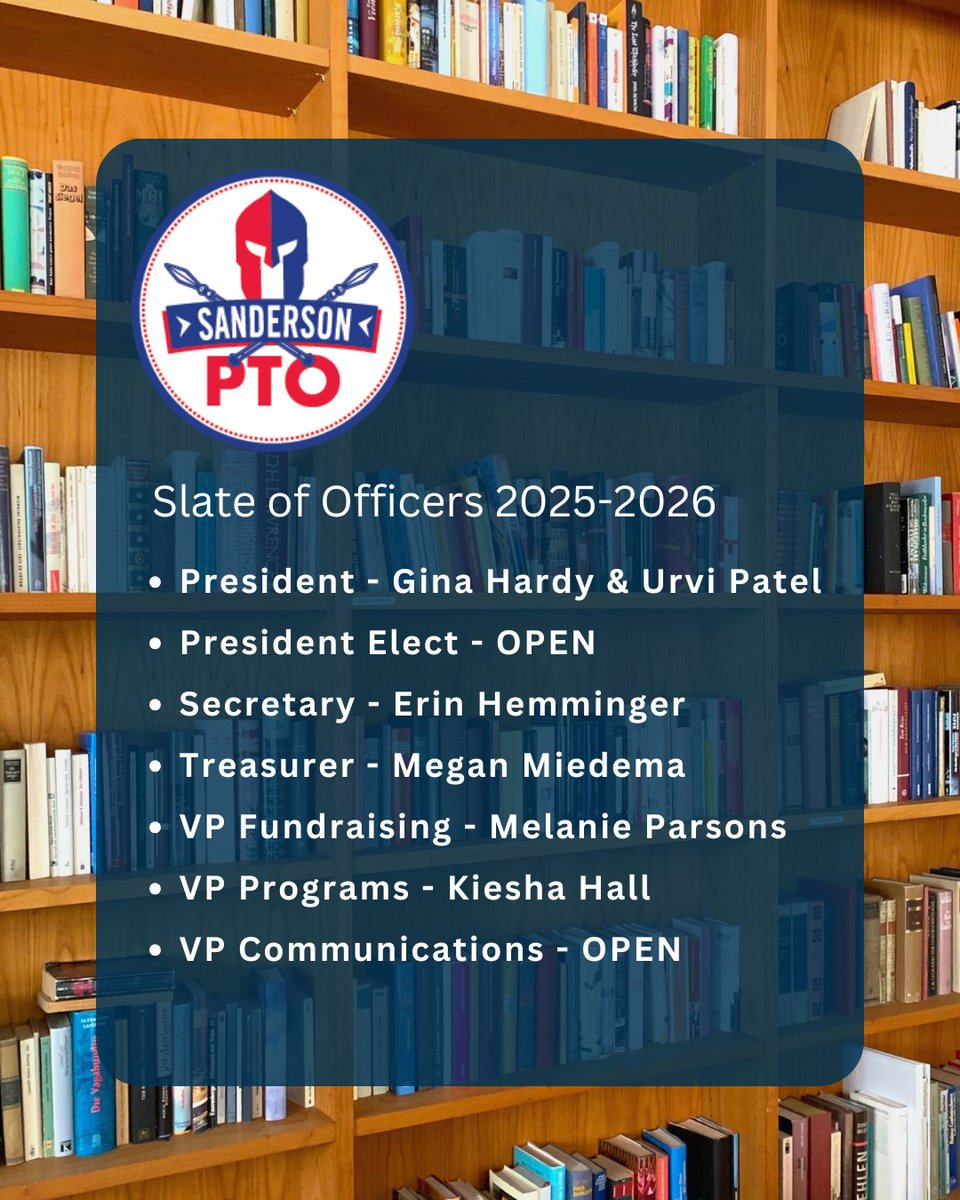 SAVE THE DATE - Sanderson PTO's last meeting for the year is Wednesday, June 4 at 6 p.m. in the Media Center.  We will vote on the slate of new officers for 2025-2026.  Please join us as we look ahead to next year's projects. sandersonpto.com