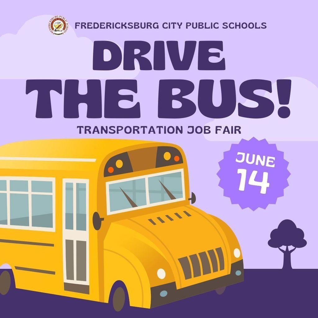 Experience the driver’s seat 🚌Learn what driving a school bus is like and explore job opportunities with Fredericksburg City Public Schools.

🚍Drive the Bus
📆Saturday, June 14, 2025
🕰️9 AM- 12 Noon 
📍James Monroe High School