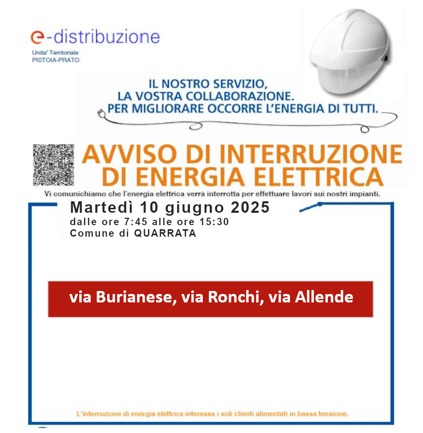 💡 AVVISO INTERRUZIONE DI ENERGIA ELETTRICA
L'Unità Territoriale Pistoia-Prato di e-distribuzione comunica le interruzioni di energia elettrica previste martedì 10/6 dalle ore 7:45 alle ore 15:30.

Leggi le vie e i civici interessati
👉bit.ly/4dOtSKg