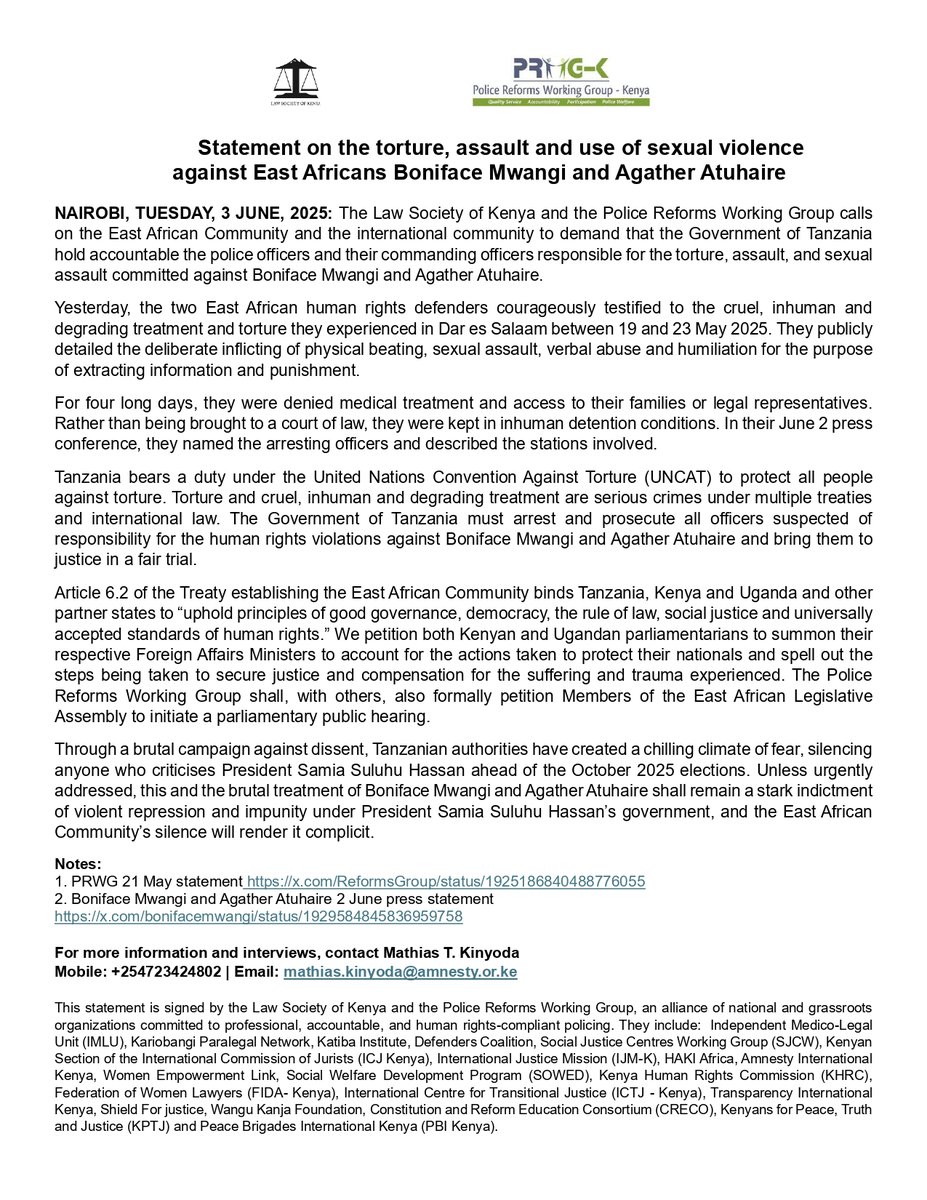Police Reforms Working Group - Kenya (@reformsgroup) on Twitter photo Press statement: PRWG-K and <a href="/LawSocietyofKe/">Law Society of Kenya</a> urge the East African Community and the international community to demand accountability from the Tanzanian Govt for the torture, assault and sexual assault inflicted on Boniface Mwangi and Agather Atuhaire by police officers. Press statement: PRWG-K and <a href="/LawSocietyofKe/">Law Society of Kenya</a> urge the East African Community and the international community to demand accountability from the Tanzanian Govt for the torture, assault and sexual assault inflicted on Boniface Mwangi and Agather Atuhaire by police officers.