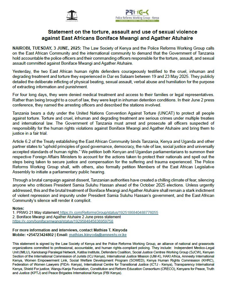 Police Reforms Working Group Statement on the torture, assault and use of sexual violence against East Africans Boniface Mwangi and Agather Atuhaire:

The Police Reforms Working Group calls on the East African Community and the international community to demand that the