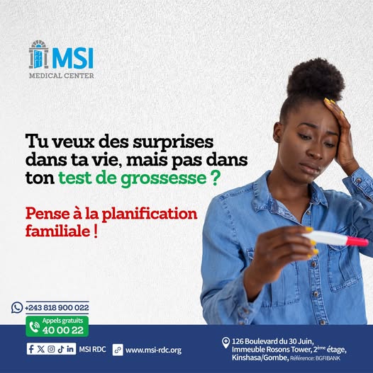 Maîtrisez votre avenir !
La vie est pleine d'imprévus, mais vous pouvez éviter les mauvaises surprises. Prenez les devants !
Appelez gratuitement le 40 00 22 et parlez à un expert MSI RDC pour des conseils personnalisés.
#MSIRDC #PlanificationFamiliale #LisoloEgalSolution