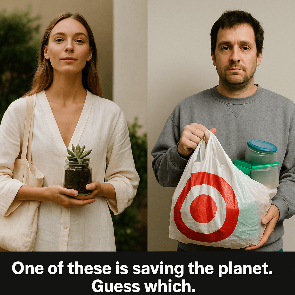 thedanshea's tweet photo. Some people save the planet in linen.
Others do it with a Target bag they’ve reused 42 times.
This week’s Eco Hustle is about the real MVPs of reuse.
No filters. Just sinks.
DM “scrubber” and I’ll send you the post.

#EcoHustle #TargetBagEnergy #PlarnLife https://t.co/yCYOzQw8xk