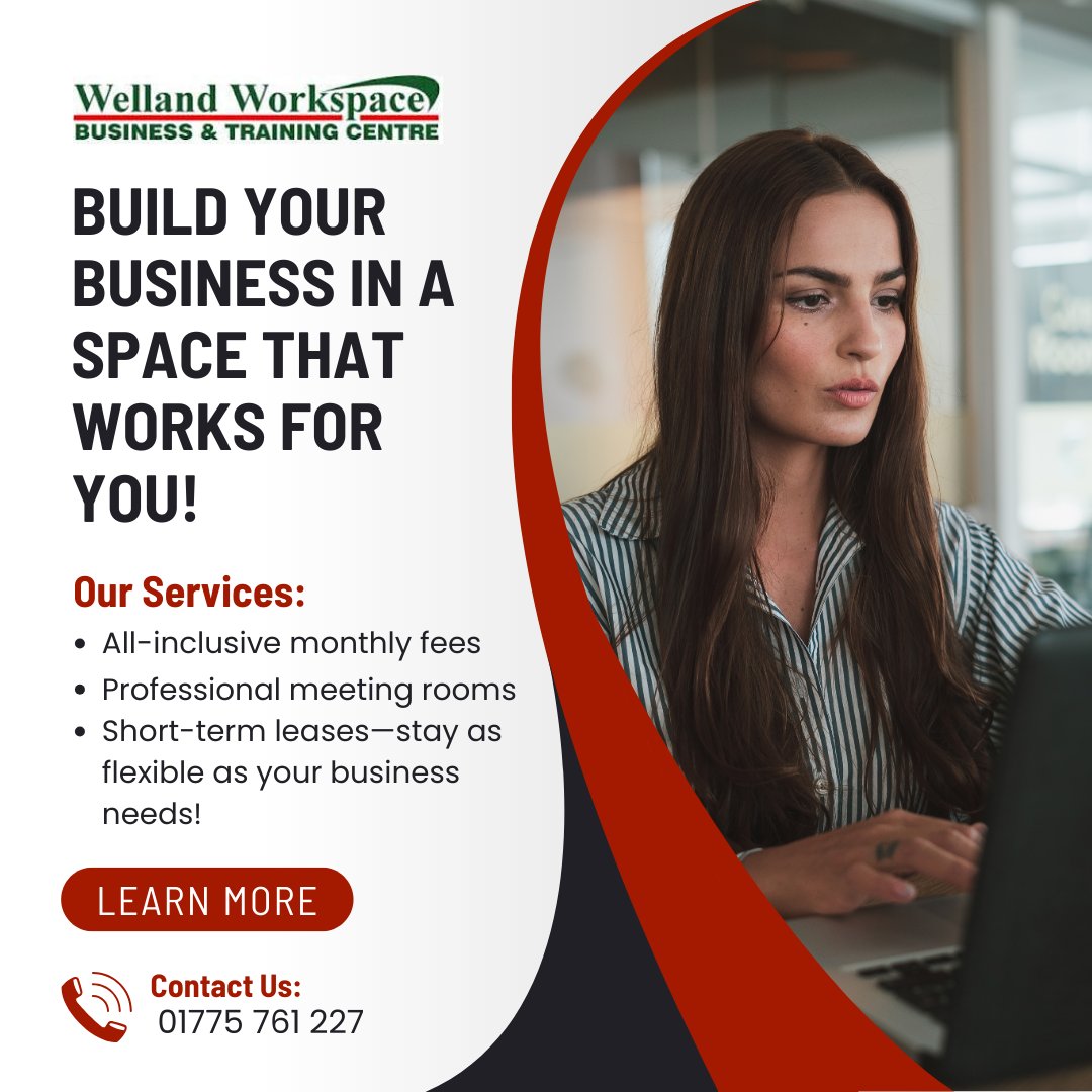WellandW's tweet photo. Build your business in a space that works for YOU! 

Whether you're just starting out or scaling up, we offer:
✔️ All-inclusive monthly fees
✔️ Professional meeting rooms &amp; conference facilities
✔️ Short-term leases!

📞 Call us today at 01775 761 227 to learn more! https://t.co/J2KkD5FdMk