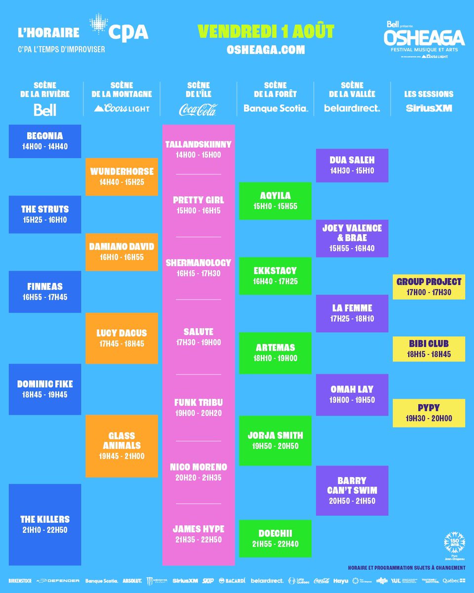 osheaga's tweet image. N’attendez pas une minute de plus pour planifier votre week-end OSHEAGA, les horaires présentés par CPA sont LÀ 🗓️☀️
À quelles scènes et pour quels artistes est-ce qu’on se voit?
🎫 OSHEAGA.com
Don’t wait one more minute to plan your OSHEAGA weekend, the set…