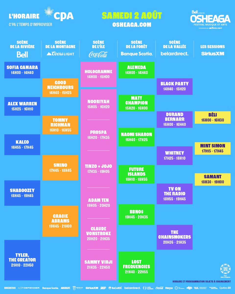 osheaga's tweet image. N’attendez pas une minute de plus pour planifier votre week-end OSHEAGA, les horaires présentés par CPA sont LÀ 🗓️☀️
À quelles scènes et pour quels artistes est-ce qu’on se voit?
🎫 OSHEAGA.com
Don’t wait one more minute to plan your OSHEAGA weekend, the set…