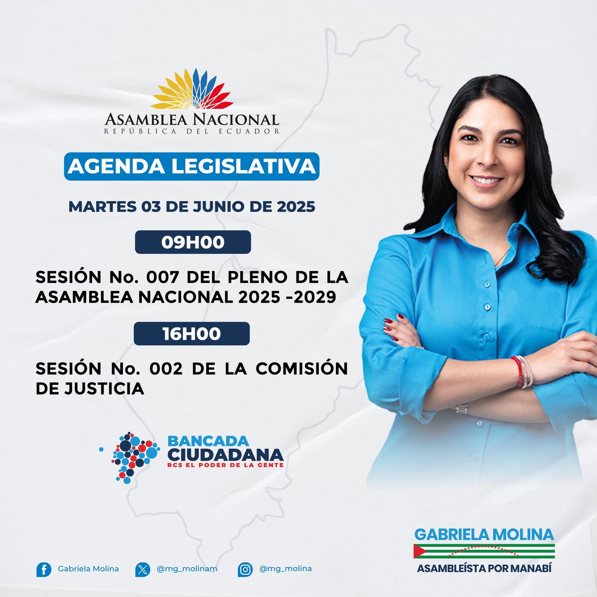 Les comparto la agenda de actividades a desarrollarse el día de hoy.

(Martes, 3 de Junio de 2025)

#AsambleístaPorManabí 
#AgendaDeActividades 
👩🏻‍💼#LegislamosParaTi 💙 #GabrielaMolinaAsambleísta