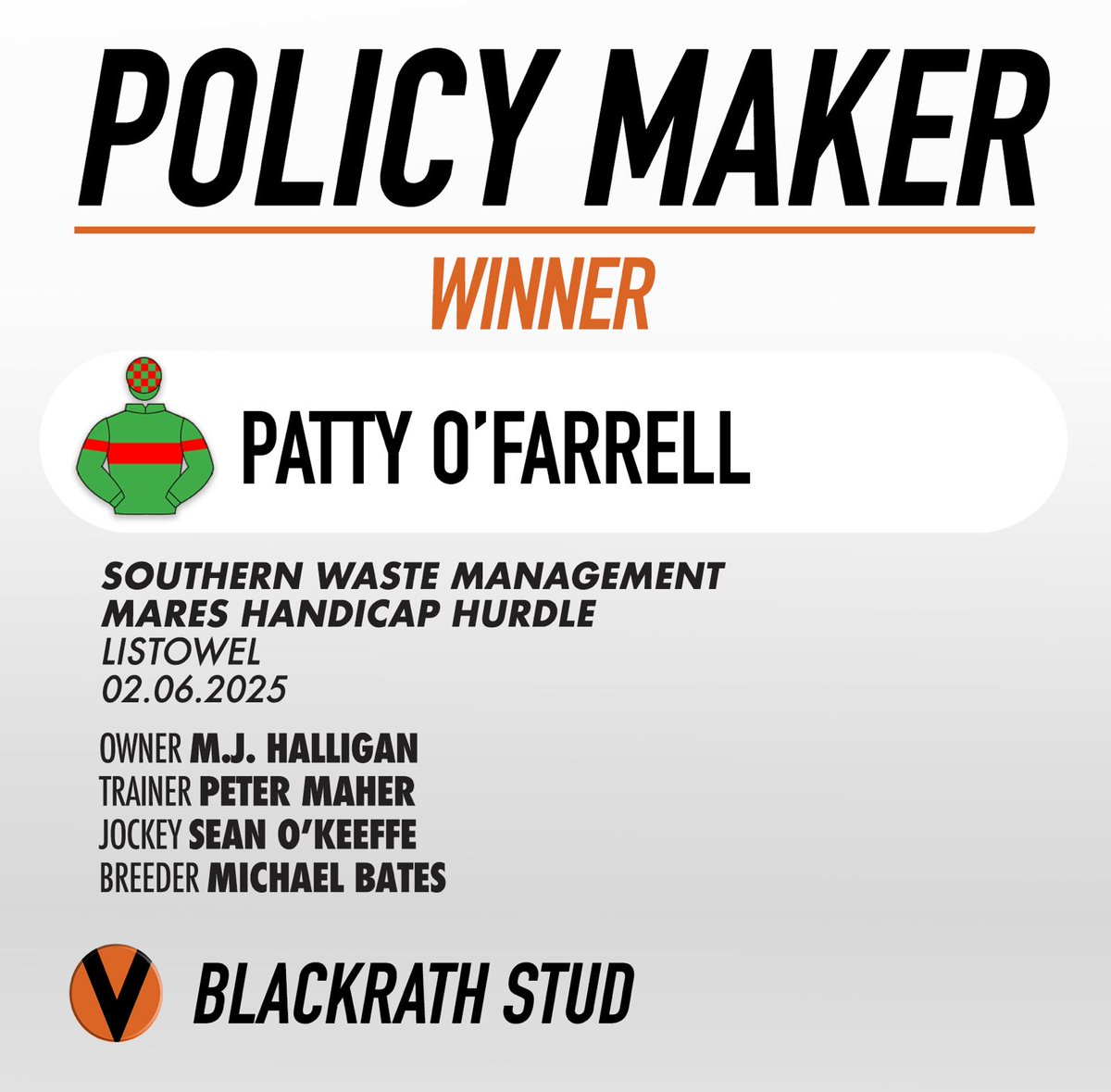 PATTY O'FARRELL (Policy Maker-Majestic Benbulben) wins the 2m mares handicap hurdle <a href="/ListowelRaces/">Listowel Races</a> by three lengths.