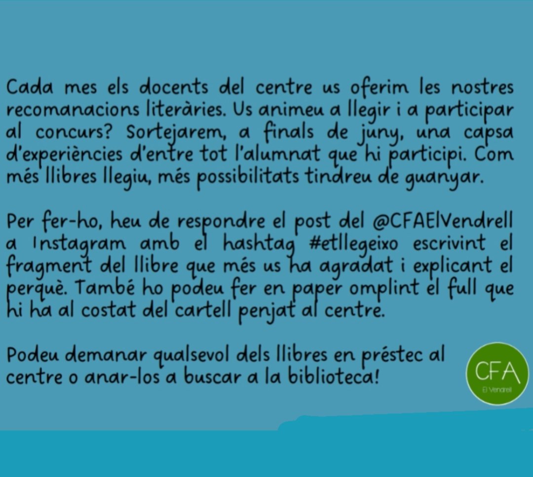 Afanyeu-vos a participar! Llegiu!
<a href="/educatiu/">Pla Educatiu d'Entorn del Vendrell</a> <a href="/XVendrellenca/">Federació Xarxa Vendrellenca 🏡🌈♻🟢🌏🏕</a> <a href="/sebaixpenedes/">SE Baix Penedès</a> <a href="/educaciocat/">Educació</a> <a href="/elvendrell_cat/">Ajuntament del Vendrell</a> 
#fadults #educaciodadults