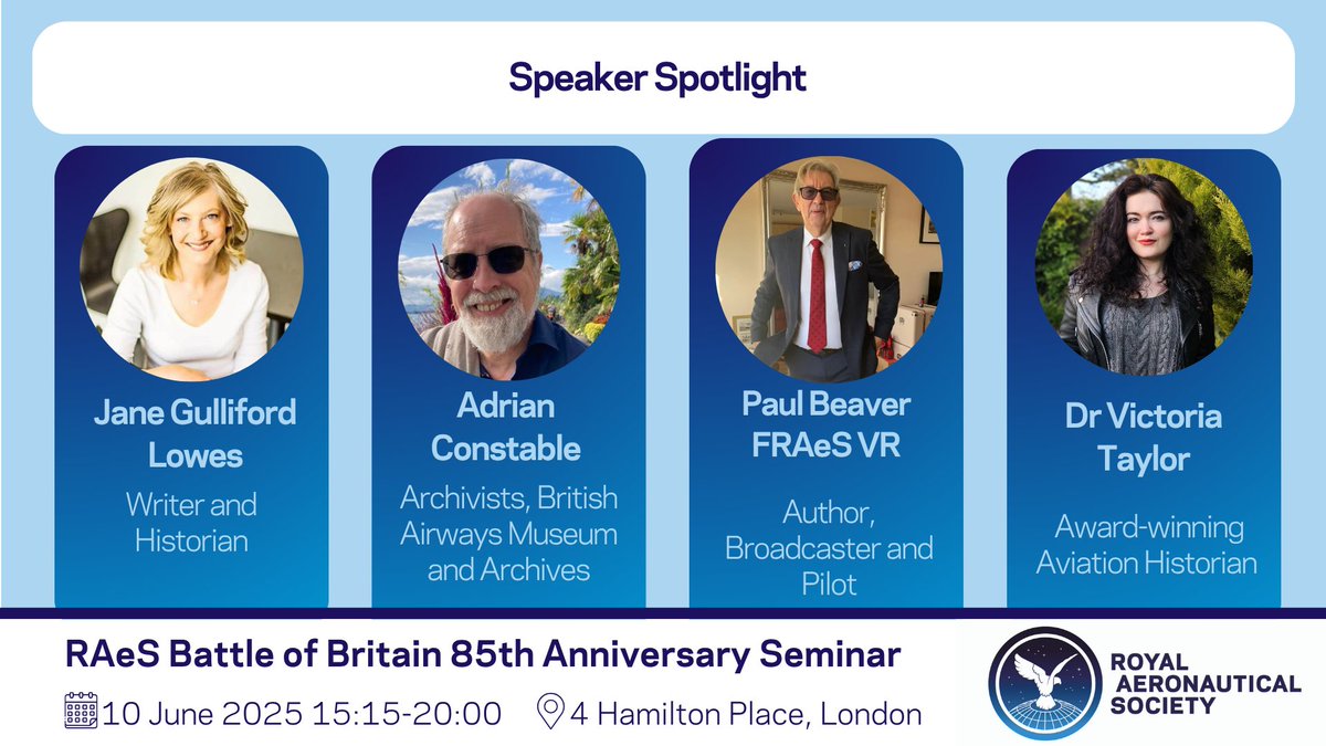 Royal Aeronautical Society (@aerosociety) on Twitter photo Discover untold stories of 1940 at the RAeS Battle of Britain 85th Anniversary Seminar on 10 June. Find out more about our expert speakers and register now ➡️ ow.ly/r9pT50W3a6g
<a href="/LydiaJane13/">Jane Gulliford Lowes</a>
<a href="/SpitfireFilly/">Dr Victoria Taylor 💛💙✈</a> Discover untold stories of 1940 at the RAeS Battle of Britain 85th Anniversary Seminar on 10 June. Find out more about our expert speakers and register now ➡️ ow.ly/r9pT50W3a6g
<a href="/LydiaJane13/">Jane Gulliford Lowes</a>
<a href="/SpitfireFilly/">Dr Victoria Taylor 💛💙✈</a>