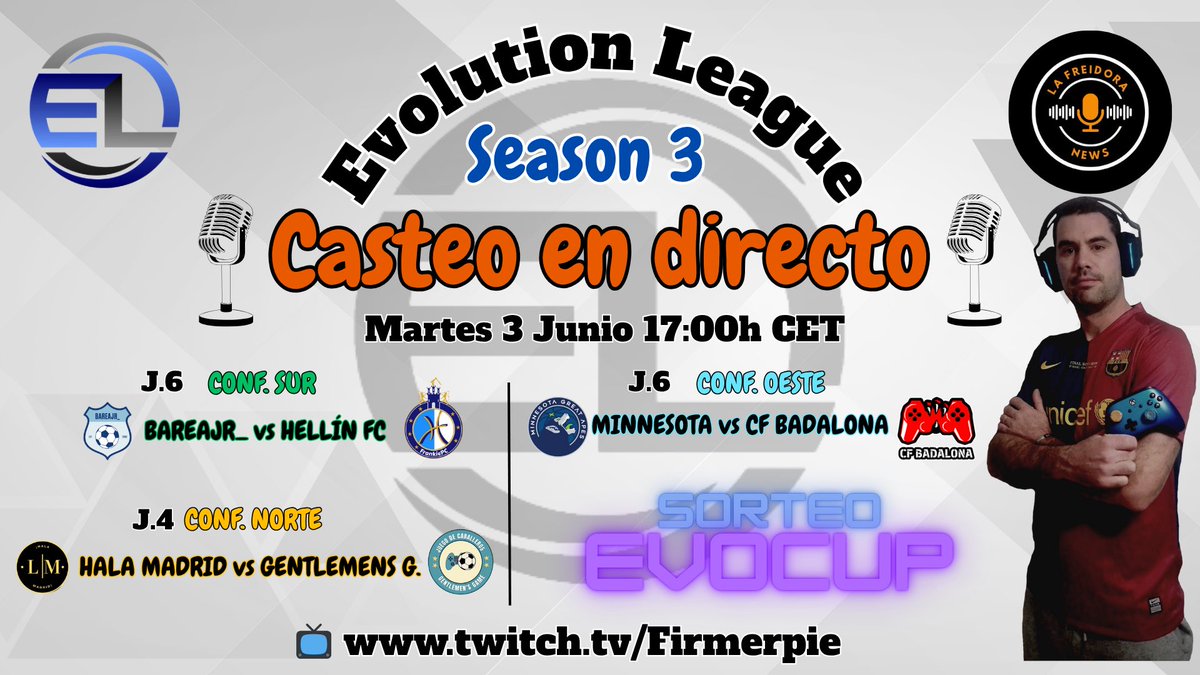🎙️Continuamos con la segunda semana de CASTEOS! 

🕔 Hoy martes, a partir de las 17:00h en el canal de Firmerpie os traemos estos 3 partidazos y además el sorteo de la EVOCUP, que arranca la semana que viene. 

Os esperamos! 🔥🔥🔥

📺 twitch.tv/Firmperie

#EvolutionLeague