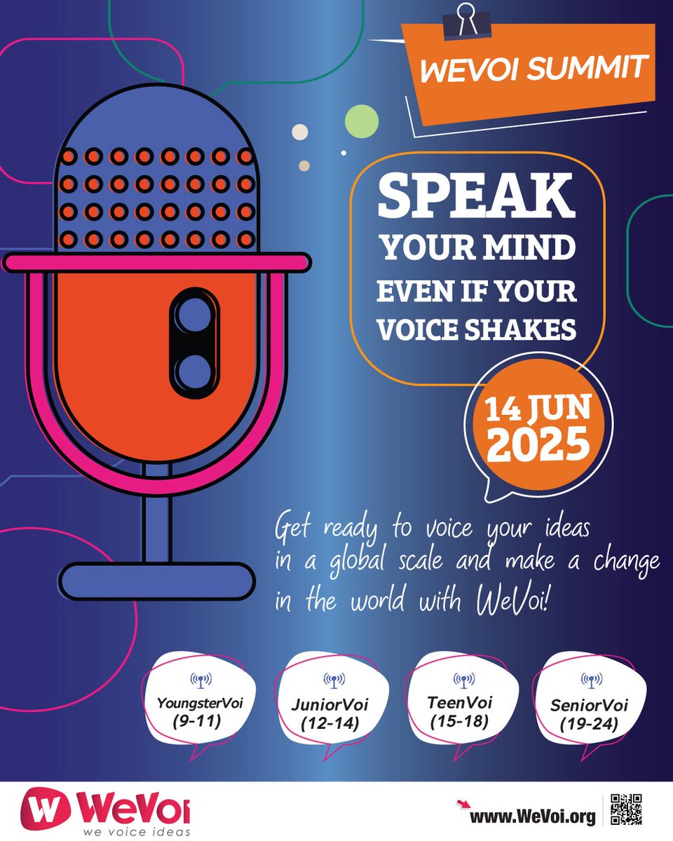 WeVoiOrg's tweet photo. 🎤 Attention young changemakers!
Did you earn a medal in WeVoi Spark or WeVoi Reload? 🏅
Now’s your moment to shine at the WeVoi Summit 2025!

🌟 Pick your own topic, speak your truth, and inspire a global audience. 🌍

📅 Deadline: 14 June 2025
Registrations are open! https://t.co/qqlldW7T6J