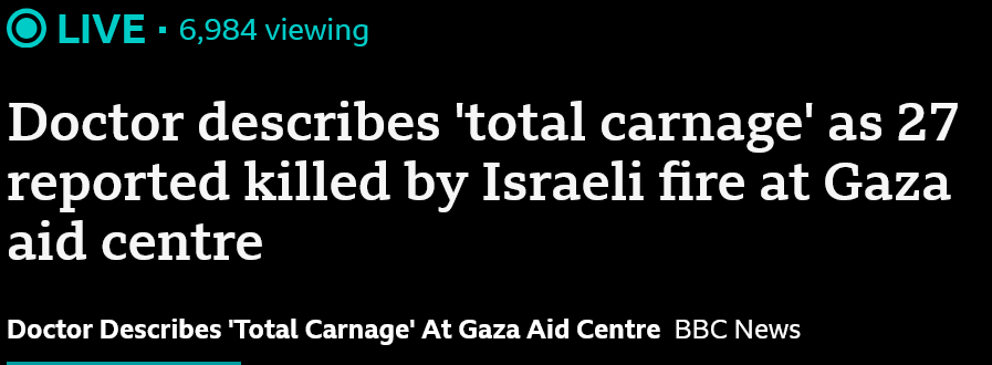 Massacre yesterday of 32, another today of 27.

Israel kills and kills and kills, and the West just keeps sending them weapons.