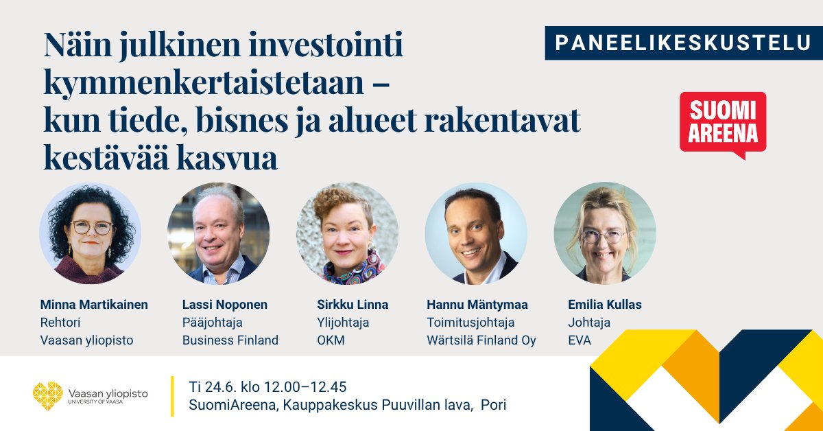 University of Vaasa (@univaasa) on Twitter photo Tule #SuomiAreena'an 24.6. klo 12: Näin julkinen investointi kymmenkertaistetaan – tiede, bisnes & alueet rakentavat kestävää kasvua
<a href="/minmartikainen/">Minna Martikainen</a> <a href="/lassi_noponen/">Lassi Noponen</a> <a href="/BusinessFinland/">Business Finland</a> Hannu Mäntymaa <a href="/wartsilacorp/">Wärtsilä Corporation</a> <a href="/SirkkuLinna/">Sirkku Linna</a> <a href="/okmfi/">Opetus- ja kulttuuriministeriö</a> <a href="/EmiliaKullas/">Emilia Kullas</a> <a href="/EVA_fi/">EVA</a>
➡️ uwasa.fi/fi/uutishuone/… Tule #SuomiAreena'an 24.6. klo 12: Näin julkinen investointi kymmenkertaistetaan – tiede, bisnes & alueet rakentavat kestävää kasvua
<a href="/minmartikainen/">Minna Martikainen</a> <a href="/lassi_noponen/">Lassi Noponen</a> <a href="/BusinessFinland/">Business Finland</a> Hannu Mäntymaa <a href="/wartsilacorp/">Wärtsilä Corporation</a> <a href="/SirkkuLinna/">Sirkku Linna</a> <a href="/okmfi/">Opetus- ja kulttuuriministeriö</a> <a href="/EmiliaKullas/">Emilia Kullas</a> <a href="/EVA_fi/">EVA</a>
➡️ uwasa.fi/fi/uutishuone/…