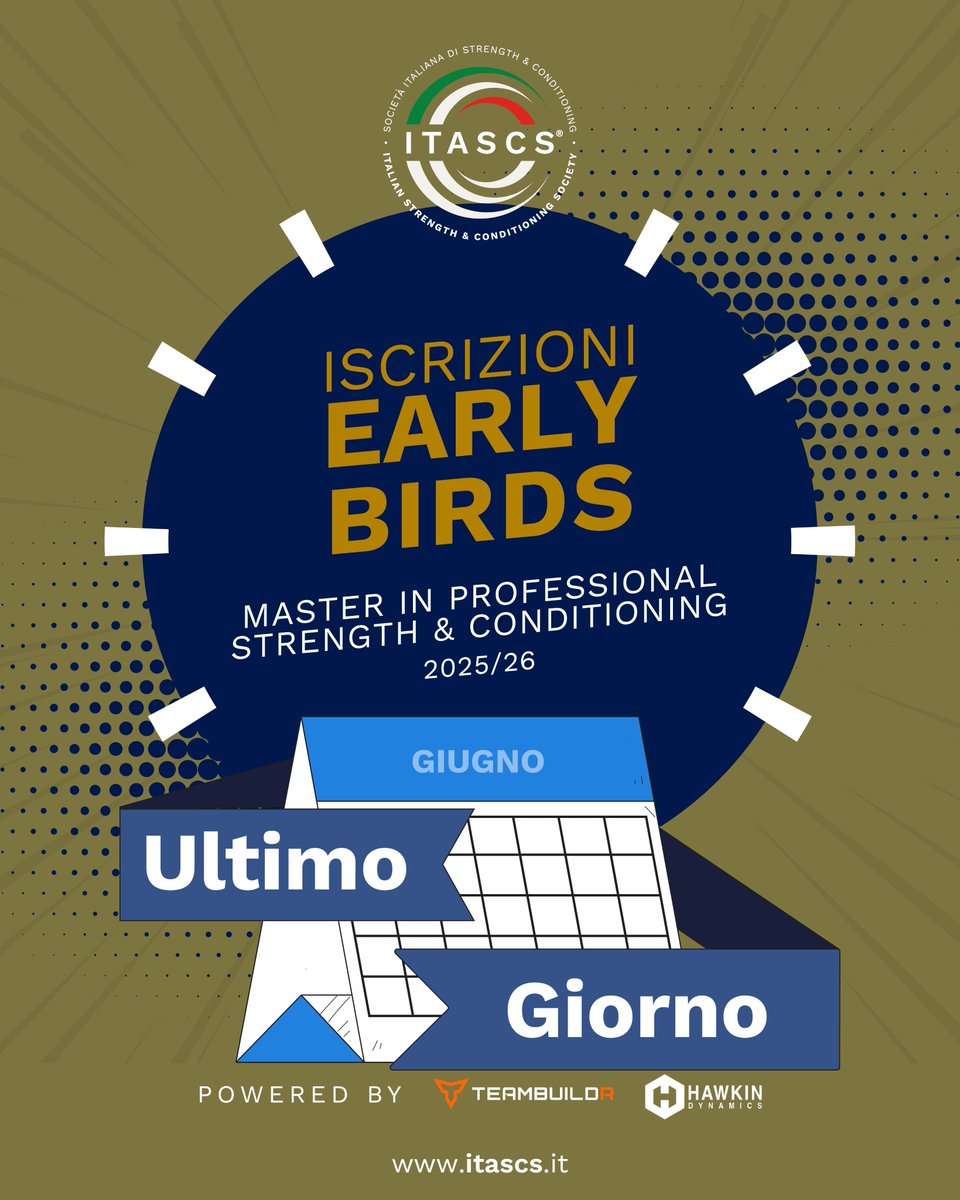 itascs_official's tweet image. Ultimo giorno per approfittare delle iscrizioni early bird per il Master in Strength &amp;amp; Conditioning edizione 2025/2026 targato #ITASCS.

⚠️ Da domani il prezzo cambia.
📌 Blocca ora il tuo posto a tariffa agevolata!

👉 Info e iscrizioni: itascs.it/prodotto/corso…