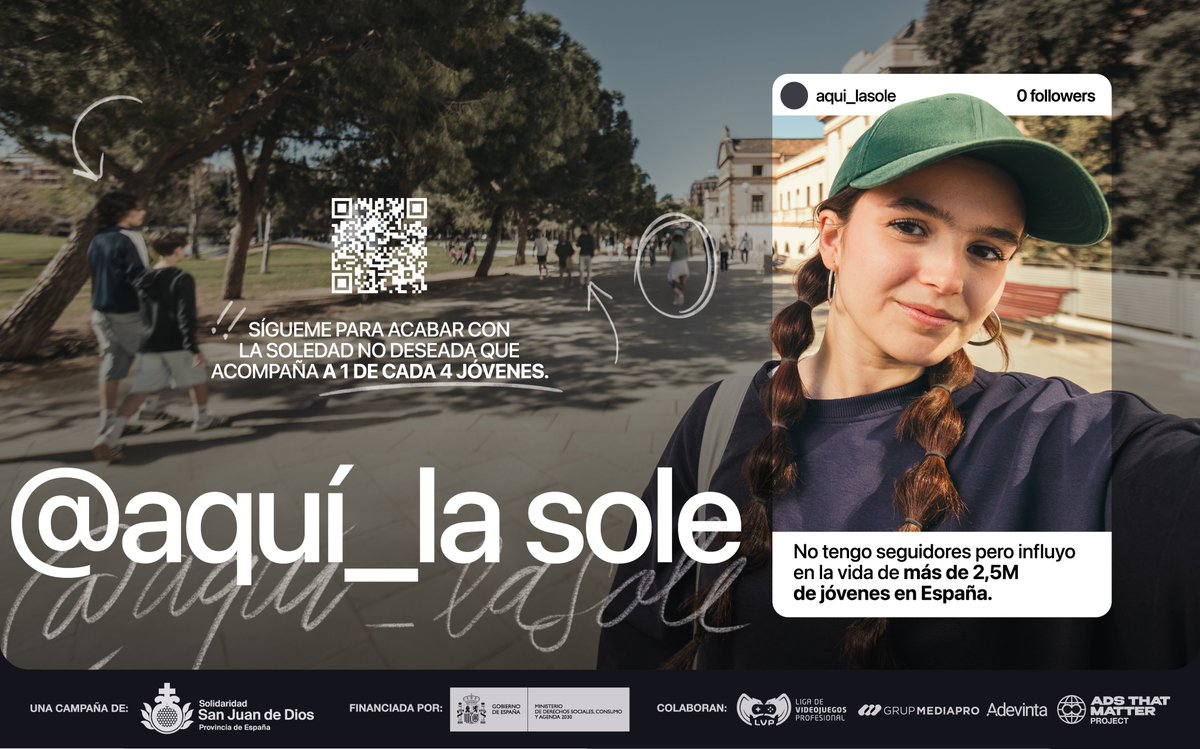 👋🏻 Te presentamos @aqui_lasole, una nueva influencer que busca su espacio en las redes sociales. No tiene seguidores, pero influye en la vida de más de 2,5 M de jóvenes en España. Porque la soledad está en todas partes, incluso cuando estamos rodeados de gente.