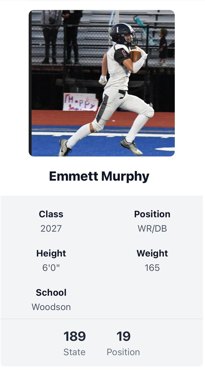 Blessed to receive my ranking as the #19 WR in the VA class of 2027! <a href="/PrepRedzoneVA/">Prep Redzone Virginia</a> <a href="/carljfred/">Carl Frederick</a> <a href="/CoachJMcBride19/">Joe McBride</a> <a href="/FST_CoachNowell/">Coach Erik Nowell</a> <a href="/WoodsonFB/">Woodson Football</a>