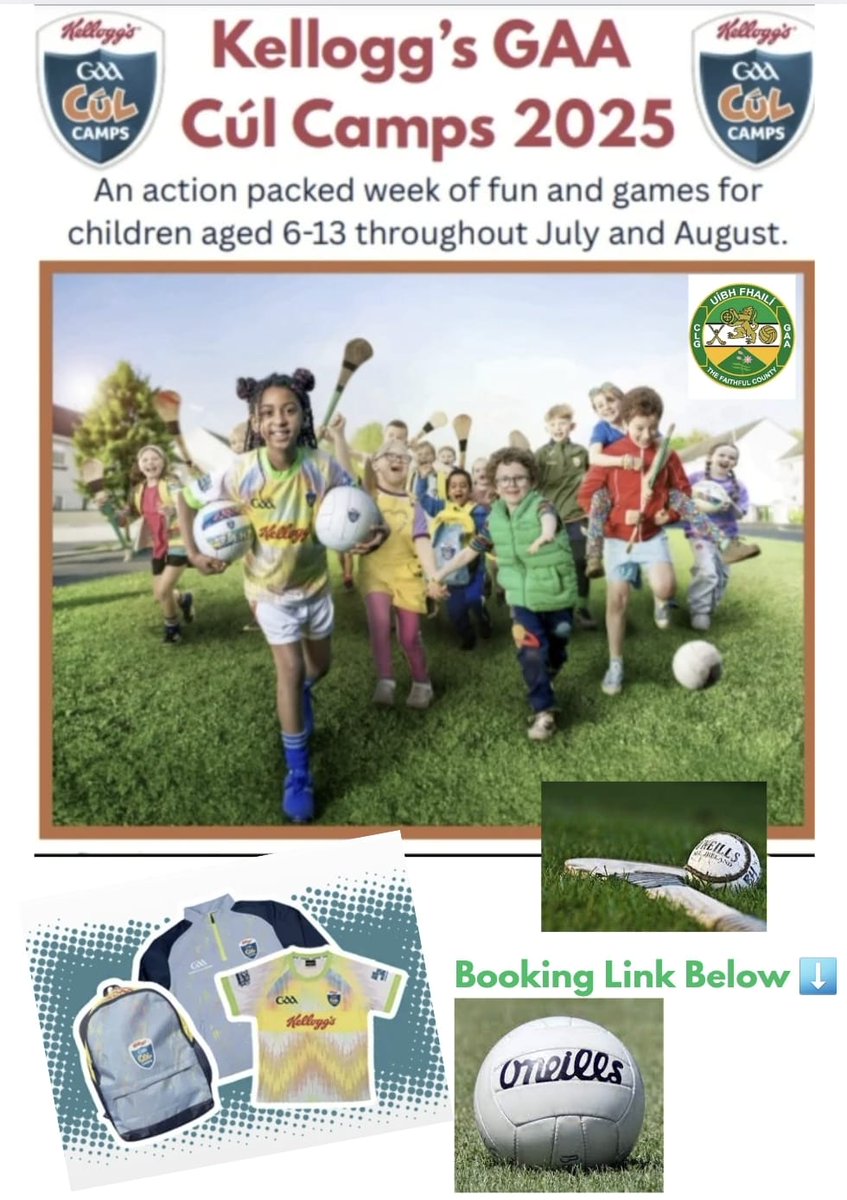 The Offaly Kellogg’s GAA Cúl Camps are back this summer, offering fun, games, and skill-building for kids aged 6–13. Places are filling up fast, so don’t miss out on the action. 

Secure your spot today and be part of the excitement! 

Click the link below to register now: