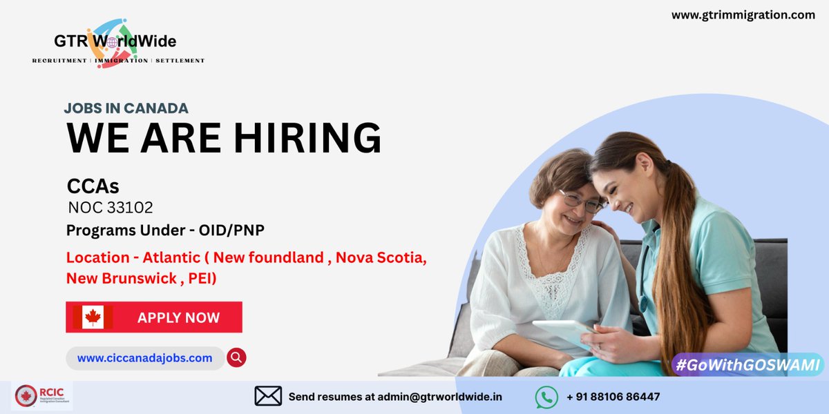 gtrworldindia's tweet image. 🇨🇦 We’re hiring CCAs (NOC 33102) for jobs in Atlantic Canada – NL, NS, NB &amp;amp; PEI under OID/PNP programs!
📩 Send resume: admin@gtrworldwide.in
🌐 zurl.co/43ux8
📞 +91 88106 86447

#JobsInCanada #CCAJobs #GoWithGOSWAMI #CanadaPNP #HealthcareJobs