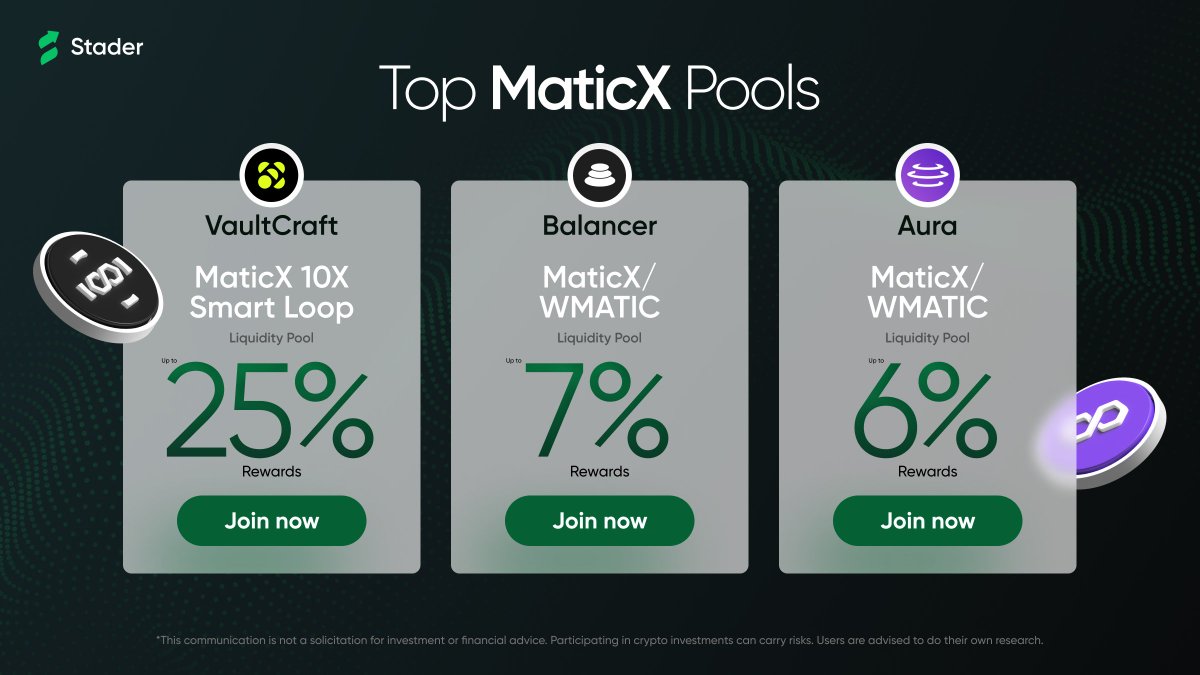 Put your $MATIC to work with Stader 

Explore powerful DeFi integrations with these $MaticX pools:
🔹 <a href="/VaultCraft_io/">VaultCraft</a>
🔹 <a href="/Balancer/">Balancer</a> 
🔹 <a href="/AuraFinance/">Aura</a>

Mint $MaticX and activate your DeFi strategy.

🔗staderlabs.com/polygon/stake