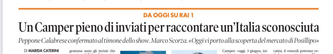 AndreaMefi4753's tweet photo. Il Tempo fa notare che a #Camper, a mezzogiorno su #Rai1, ci sono una barca di inviati: da Monica #Caradonna a Lorenzo #Branchetti, da Elisa #Silvestrin a Marco #Scorza a Valentina #Caruso. E la lista di “presenti” è lunghissima. https://t.co/rLSw4N3rwz