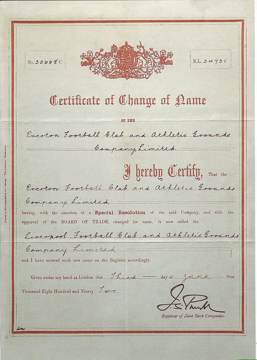 The certificate that confirmed the creation of #LFC back on June 3, 1892...