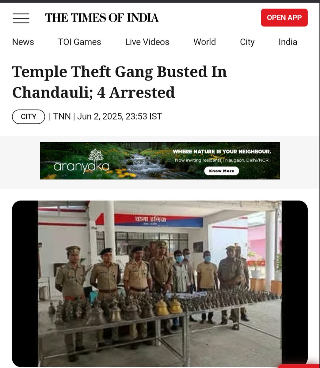 Temple theft gang busted.
Shahabganj police (Chandauli) arrested them from Mirzapur’s Jamalpur area.

Names:
– Dheeraj Tiwari (27)
– Neeraj Tiwari (29)
– Atul Tiwari (24)

Recovered:
– 394 brass bells
– 4 crowns
– 2 statue eyes (silver)