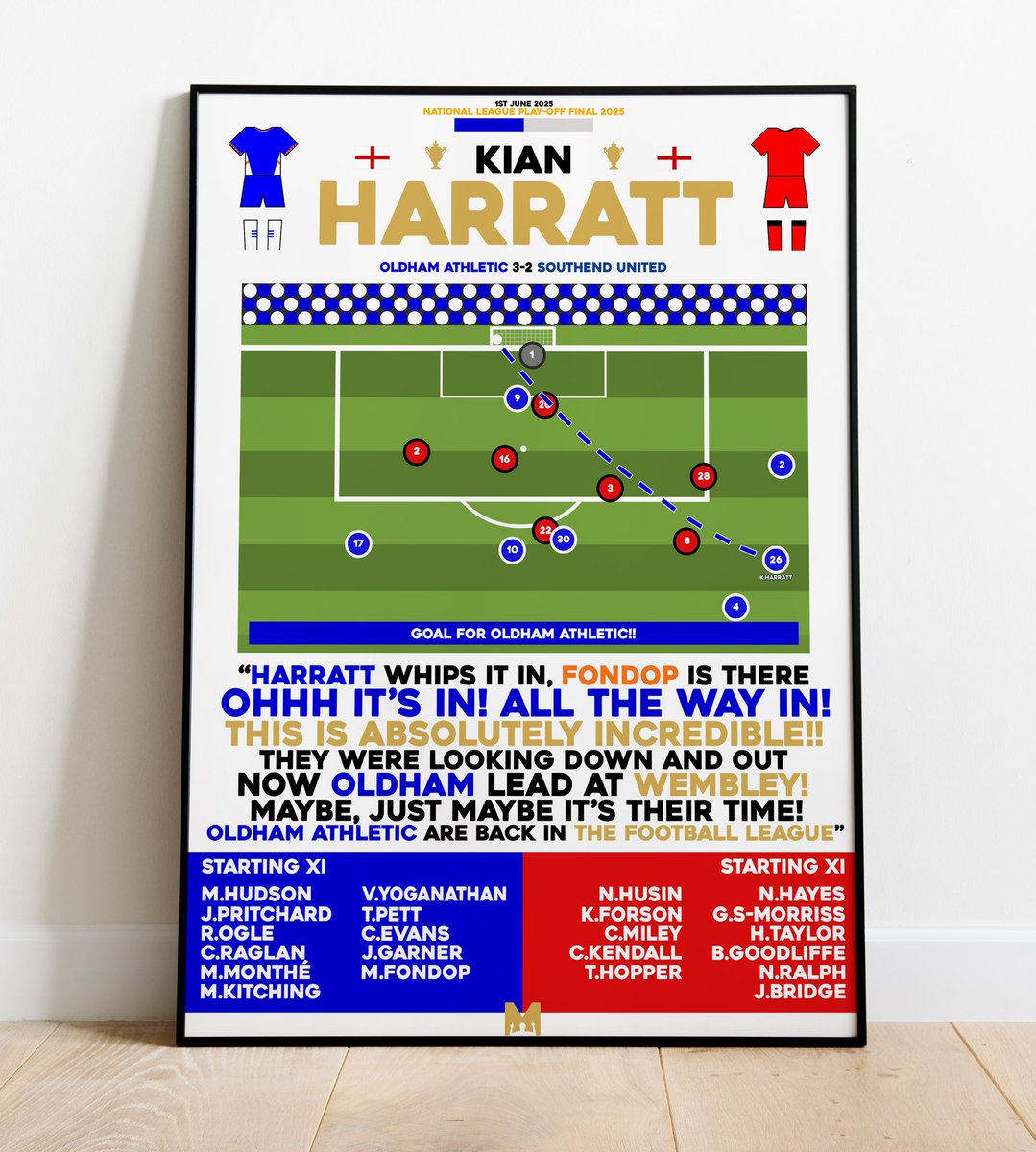 🔵🎁| PRINT GIVEAWAY!

🏆OLDHAM ARE BACK IN THE EFL🏆

We want to share with our friends in the #OAFC community by giveaway a Framed Print of Kian Harratt’s Iconic Winner v Southend🏴󠁧󠁢󠁥󠁮󠁧󠁿

To Enter:

🔄RT This Post
🤝Follow <a href="/MezzalaDesigns/">𝗠𝗲𝘇𝘇𝗮𝗹𝗮</a> 
🏷️Tag a Friend

Good Luck🍀
