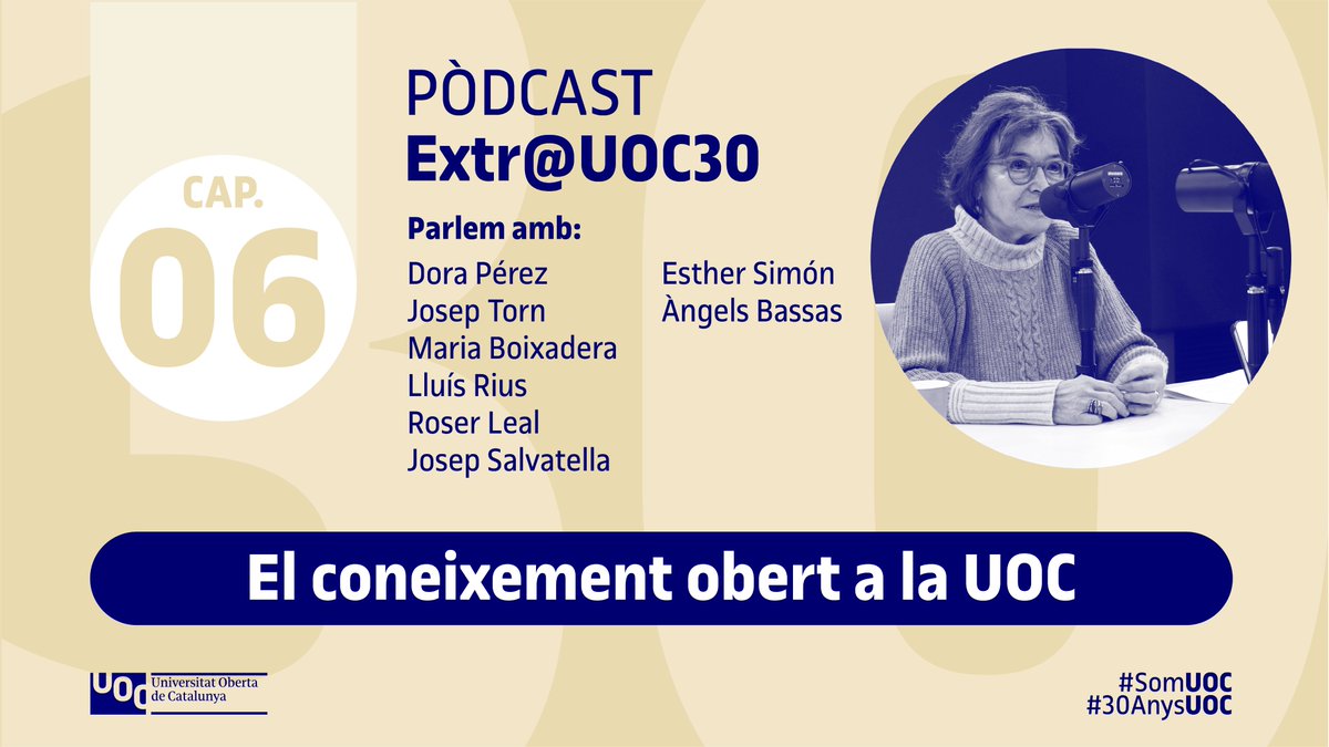 UOCuniversitat (@uocuniversitat) on Twitter photo <a href="/ClaudiAlsina/">Claudi Alsina Català</a> <a href="/afitob/">Àngels Fitó</a> <a href="/JosepMaOlivera2/">Josep Ma. Oliveras i Oliveras</a> <a href="/xaragay/">Xavier Aragay</a> <a href="/ictlogist/">Ismael Peña-López</a> <a href="/montseguitert/">Montse Guitert</a> <a href="/louguardia/">Lourdes Guàrdia</a> La biblioteca virtual, els primers portals web o l’Editorial UOC han estat i són eines clau per democratitzar l’accés a l’aprenentatge.
Compartir el coneixement ha estat sempre una prioritat a la #UOC.
Al sisè capítol d'Extr@UOC30 parlem de la nostra aposta pel coneixement obert. <a href="/ClaudiAlsina/">Claudi Alsina Català</a> <a href="/afitob/">Àngels Fitó</a> <a href="/JosepMaOlivera2/">Josep Ma. Oliveras i Oliveras</a> <a href="/xaragay/">Xavier Aragay</a> <a href="/ictlogist/">Ismael Peña-López</a> <a href="/montseguitert/">Montse Guitert</a> <a href="/louguardia/">Lourdes Guàrdia</a> La biblioteca virtual, els primers portals web o l’Editorial UOC han estat i són eines clau per democratitzar l’accés a l’aprenentatge.
Compartir el coneixement ha estat sempre una prioritat a la #UOC.
Al sisè capítol d'Extr@UOC30 parlem de la nostra aposta pel coneixement obert.