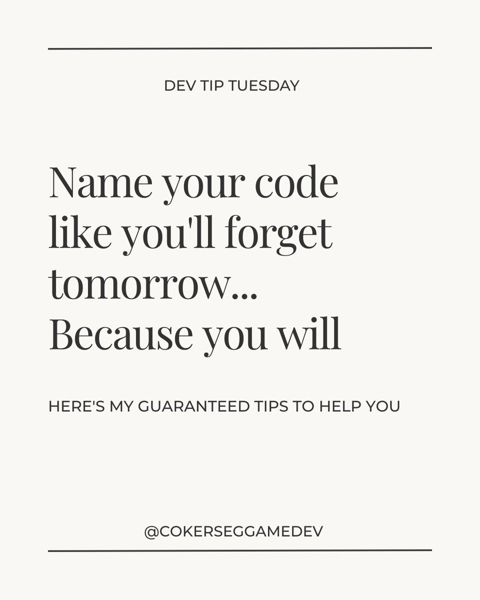 In my books,the hardest part of game dev isn’t physics, shaders, or AI.
It’s remembering what you saved important code with 😅
Here’s why you should name your code like you’ll forget everything tomorrow — because you will 👇
 #IndieDev #UnityTips #Godot #UnrealEngine #CleanCode