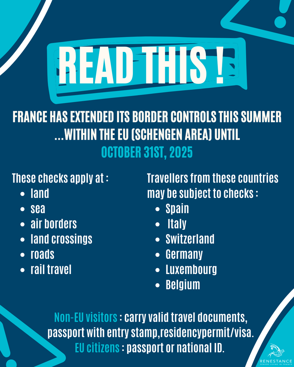 RenestanceFR's tweet photo. 🚨 France extends border checks until Oct 31, 2025 🇫🇷✈️

Travelling from neighboring EU countries? Be prepared for ID checks at roads, rails, and airports. Don’t forget your passport — even in the Schengen zone! 🛂✨

#TravelUpdate #FranceBorders #SchengenTravel https://t.co/XMhWAigAAV