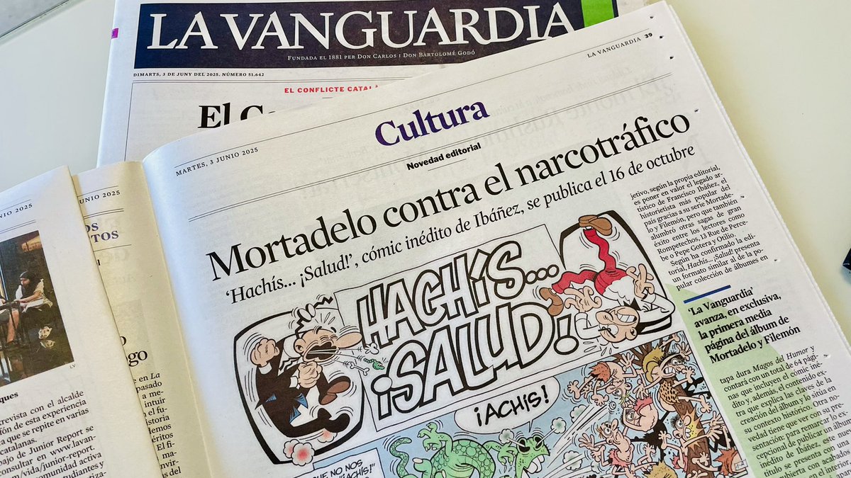 Mortadelo y Filemón, hoy, en la portada de La Vanguardia anunciando el álbum inédito que se publica en octubre 

lavanguardia.com/cultura/202506…