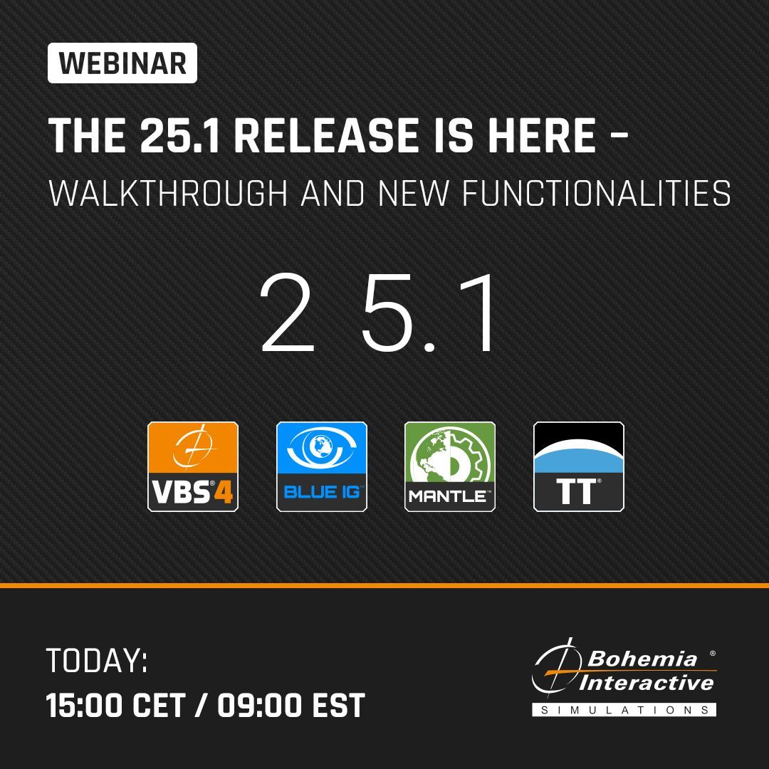 BISimulations (@bisimulations) on Twitter photo 🟢 It’s webinar day!
Join us at 15:00 CET / 9:00 EST as we walk through what’s new in the 25.1 release of VBS 4, Blue IG, Mantle & TerraTools, such as:
🎮 Rendering upgrades
🌍 Global terrain improvements
🪖 Vehicle camouflage & fog of war
🔗 Register: buff.ly/Dz5C8Jp 🟢 It’s webinar day!
Join us at 15:00 CET / 9:00 EST as we walk through what’s new in the 25.1 release of VBS 4, Blue IG, Mantle & TerraTools, such as:
🎮 Rendering upgrades
🌍 Global terrain improvements
🪖 Vehicle camouflage & fog of war
🔗 Register: buff.ly/Dz5C8Jp