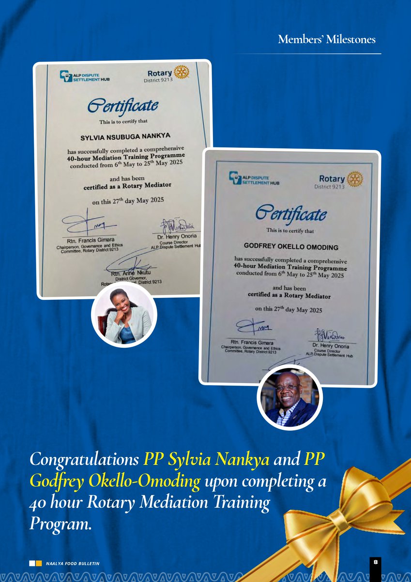 Rotary Club of Kampala-Naalya (@rotarynaalya) on Twitter photo Proud moment! Rtns <a href="/SylviaNankya/">Sylvia</a>  & Godfrey Okello-Omoding are among 68 Rotarians certified as #mediators after intensive training in #mediation #conflictresolution. <a href="/rotaryd9213/">Rotary District 9213</a>  is building peace from within #Peacebuilders #RotaryNaalya 
📸 Read more: rotarykampalanaalya.org/bulletins Proud moment! Rtns <a href="/SylviaNankya/">Sylvia</a>  & Godfrey Okello-Omoding are among 68 Rotarians certified as #mediators after intensive training in #mediation #conflictresolution. <a href="/rotaryd9213/">Rotary District 9213</a>  is building peace from within #Peacebuilders #RotaryNaalya 
📸 Read more: rotarykampalanaalya.org/bulletins