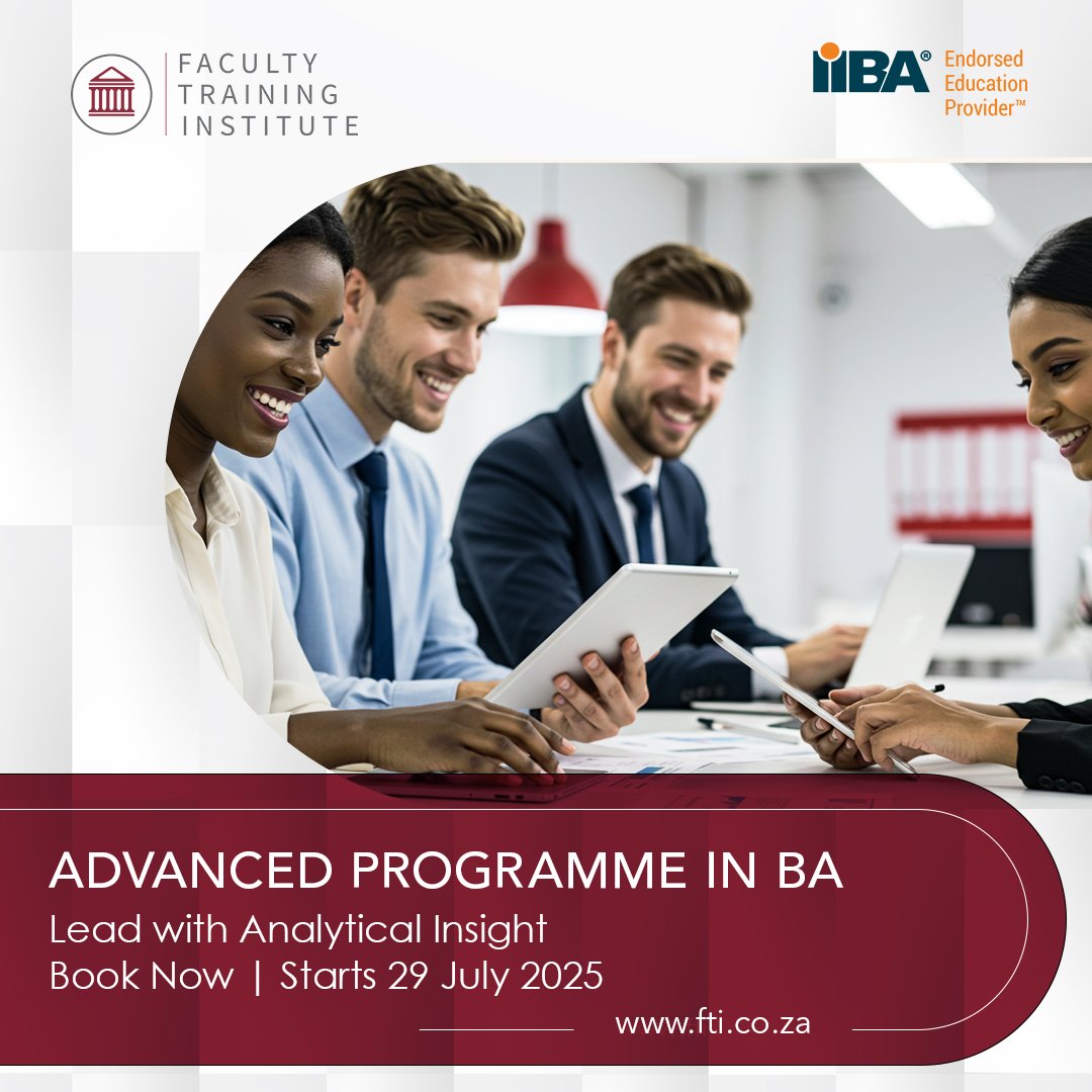 facultytraining's tweet image. Experienced Business Analyst? Ready to lead with impact? The AdBA Programme (SAQA-accredited, IIBA-endorsed) enhances your strategic capabilities &amp;amp; advanced analysis skills. Starts 29 July. Book Now: hubs.li/Q03pVD_c0
#AdBA #BusinessAnalyst #BABOK #FTISA #DigitalInnovation