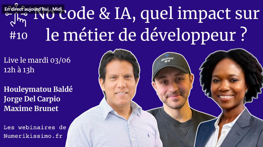 Webinaire @Numerikissimo ce mardi à 12 h 
avec <a href="/HBalde_ItWoman/">Houleymatou Baldé ✩ IT Woman</a> <a href="/jorgekreante/">Jorge Del Carpio | NoCode & LowCode</a> et Maxime Brunet : No code et IA, quel impact sur le métier de développeur ? (front end, back end, full stack)
linkedin.com/events/7302472…