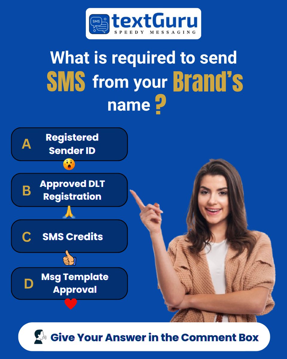 textguru_in's tweet photo. 📱 Want to send SMS from your brand's name? 💥  

A) Registered sender ID 😯 
B) Approved DLT registration 👍 
C) SMS credits 🙏 
D) Message template approval ❤️  

Reply with your must-have! 🔁  Check out more at: https://t.co/fpdpiPHOJJ https://t.co/LIUwJsTg9o