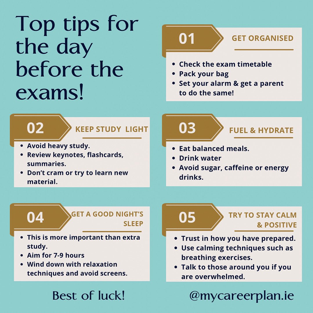 Today, the day before the #juniorcert and #leavingcert exams begin is the toughest one for most people.The key thing today is to try to keep as calm as you can and not overdo the revision at this stage. 
☘️ Best of luck!
✨ Niamh

#leavingcert2025 #juniorcert2025 #exams