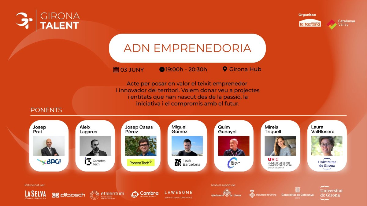 Si us apassiona l'emprenedoria, us esperem aquesta tarda al Gironahub a les 7 amb: 
➠ UdG 
➠ UVic (<a href="/MireiaTriquellD/">MireiaTriquell</a>)
➠ Bagi (<a href="/JosepPratRiuro/">Josep Prat Riuró</a> )
➠ Girona Next (<a href="/qgudayol/">Quim Gudayol</a>)
➠ Garrotxa Tech (<a href="/aleixlagares/">Aleix Lagares Tané</a>)
➠ Ponent Tech (<a href="/pepcasas/">Josep Casas</a>)
➠ Tech Barcelona
#GironaTalent #Girona #Talent