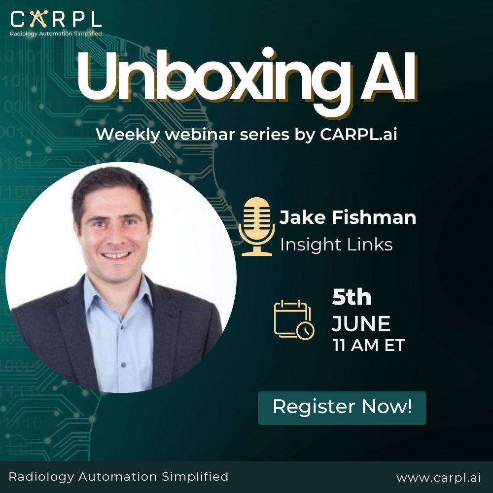 CARPL (@carplai) on Twitter photo This week on Unboxing AI, we’re hosting Jake Fishman, the creator of <a href="/TheImagingWire/">The Imaging Wire</a>, <a href="/Cardiacwire/">cardiacwire</a> , and @DigitalHealthWire - three of the most widely read newsletters in healthcare.
đź“… June 5 | 11 AM ET
🔗 Register Now: bit.ly/40xbvnY This week on Unboxing AI, we’re hosting Jake Fishman, the creator of <a href="/TheImagingWire/">The Imaging Wire</a>, <a href="/Cardiacwire/">cardiacwire</a> , and @DigitalHealthWire - three of the most widely read newsletters in healthcare.
đź“… June 5 | 11 AM ET
đź”— Register Now: bit.ly/40xbvnY